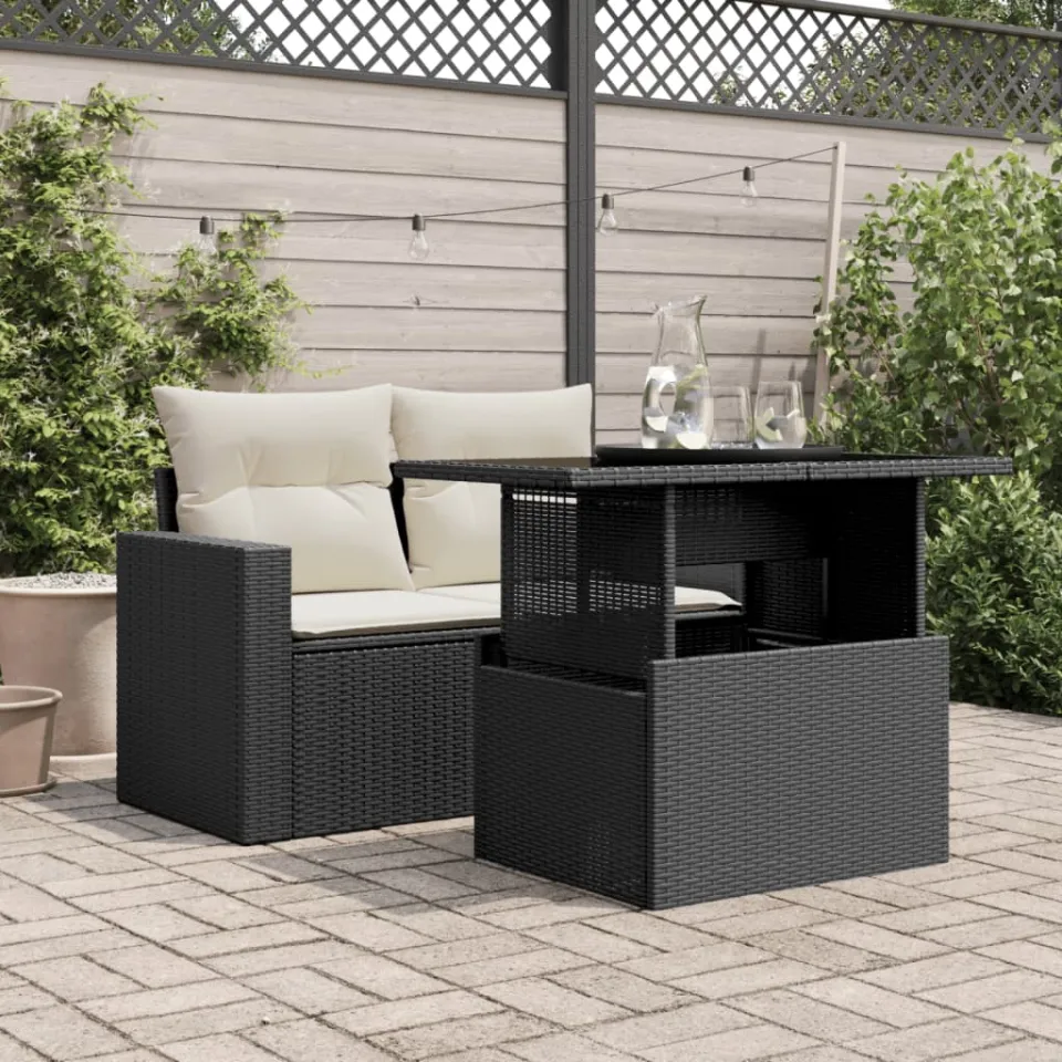 vidaXL Tuintafel met glazen blad 100x55x73 cm poly rattan zwart, foto 2