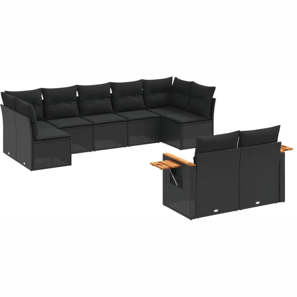 vidaXL 9-delige Loungeset met kussens poly rattan zwart