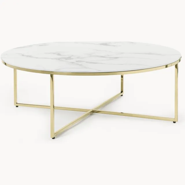 Westwing Collection Ronde XL-salontafel Antigua met glazen tafelblad in marmerlook Wit, Goudkleurig