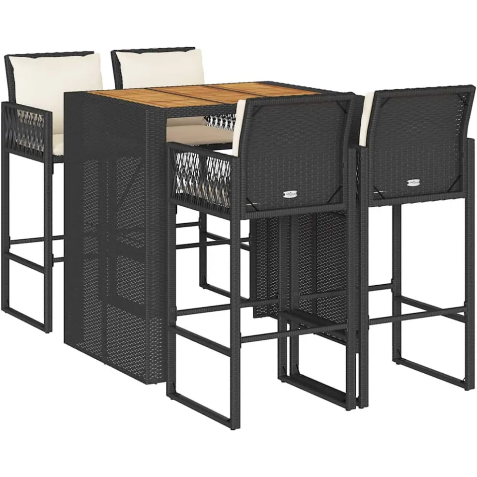 vidaXL 5-delige Tuinbarset met kussens poly rattan acacia zwart, foto 3
