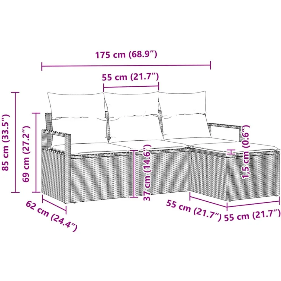 vidaXL Bankstel 4 st Zwart poly rattan, foto 3