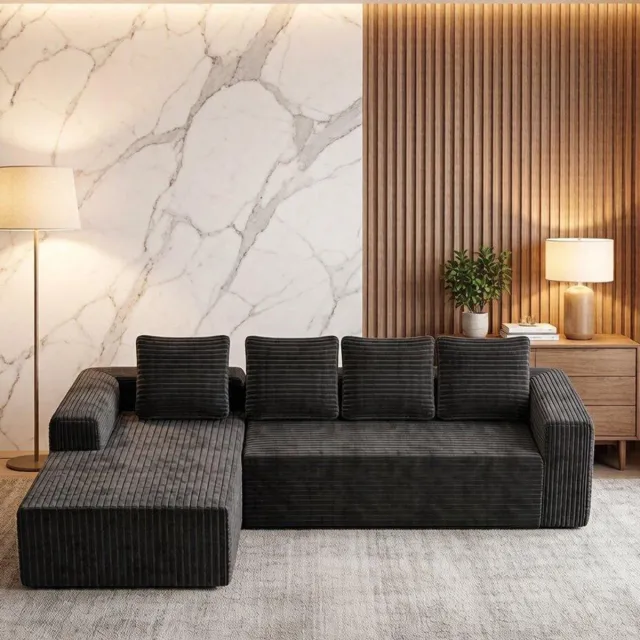 KOMHTOM BLACKCOLORS Cloud hoekbank met L-vormige chaise longue, moderne modulaire bank met diepe zitting, gestoffeerde banken met chaise longue naar rechts voor woonkamer of slaapkamer, geen montage nodig, grijs (zachte corduroy stof)