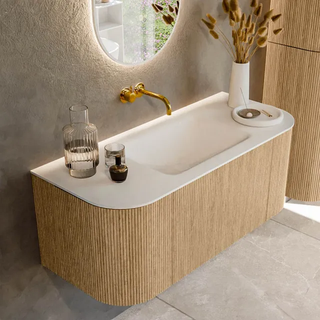 Mondiaz KURVE 110 cm Onderkast Greeploos 1 Lade Met Deuren Oak, Wastafel Solid Surface Midden Talc 0 Kraangaten Zonder Spiegel (KRVCLO110L+R1L2D0KM-Oak/Tal)