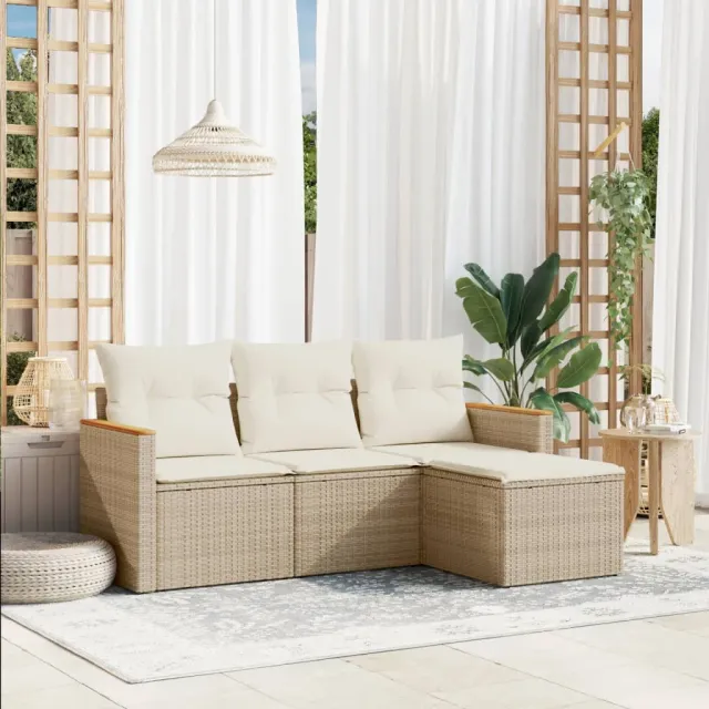 vidaXL 4-delige Loungeset met kussens poly rattan beige, foto 2