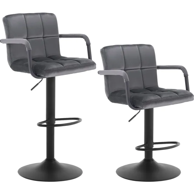 Whoopr® Set van 2 Barkrukken met Armleuningen – In Hoogte Verstelbare Draaibare Barstoelen met Rugleuning & Voetsteun – Gestoffeerde Barkrukken – Grijs