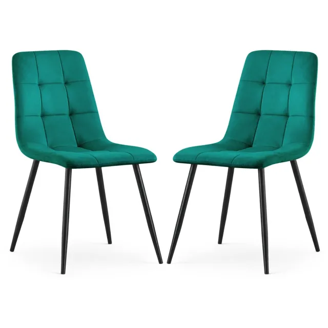 Akord Set van 2 Eetkamerstoelen NERO / Gestoffeerde Stoelen / Fluwelen Stoelen en Metalen Poten / Flesgroen met zwarte benen