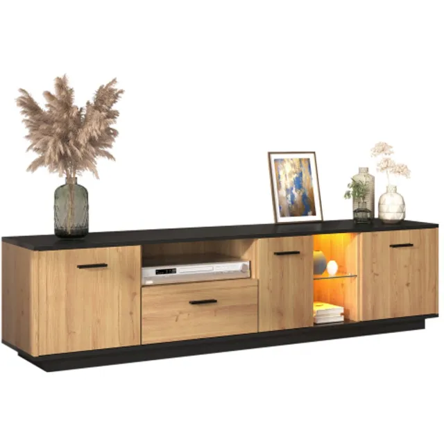 COLAMY TV Kast - TV-Lowboard - 3 Deuren - 1 Lade - Glasplanken - 16 Kleuren LED-Verlichting - Moderne Houtlook - Zwart Design Natuurlijk hout