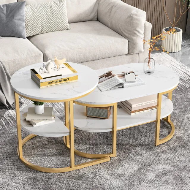 REDOM Salontafelset van 2 - Nestbaar ontwerp - Onderste opbergplanken - Ovale vorm - Marmerlook tafelblad - Hout en RVS - Goud - 100 x 46 x 41 cm