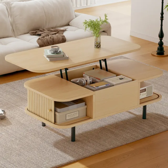 OKWISH Salontafel - Verstelbaar Tafelblad met Opbergruimte - Voor Woonkamer en Werkkamer - MDF in Naturel Houtkleur - 101 x 51 x 52,5 cm