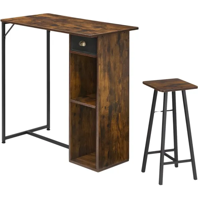Happiq 3-Delige Eettafelset - Voor Thuis & Appartement - Keukenbartafel met 2 Krukken en Opbergplanken - Houten Tafelblad - keukentafel - Bruin Brown