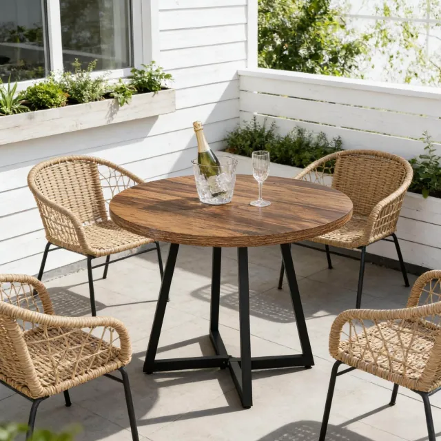WUVRIE Ronde eettafel Ø 80 cm - MDF-blad en metalen frame - Zwart/rustiek bruin