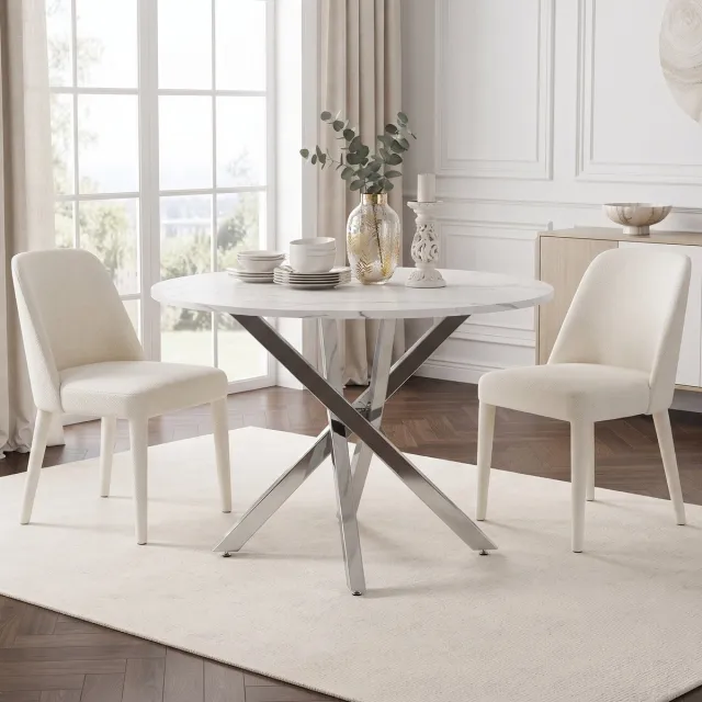VVBV Ronde Eettafel 80 cm – Eettafel van MDF – Minimalistisch – Modern Design – Marmerlook – Voor Keuken en Eetkamer – Zilver + Wit