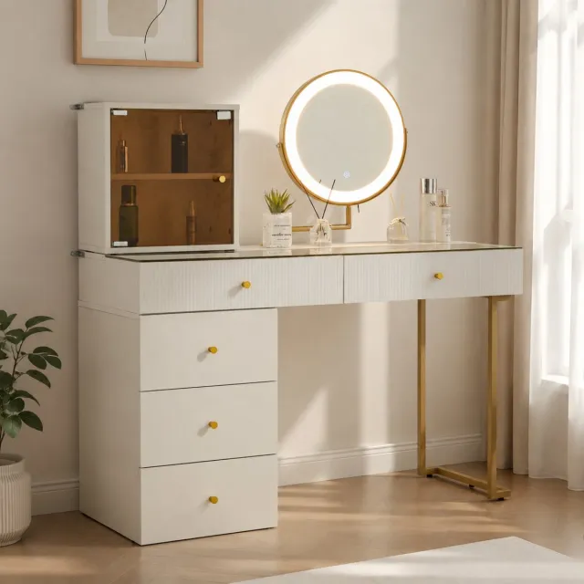 Zubaliya Kaptafel met LED-spiegel en glazen blad - goudkleurig en wit - 120 x 45 x 115 cm
