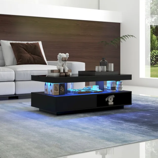Maisentiel Salontafel 95 x 50 x 42,5 cm – Hoogglans, 2 lades, glas en LED, zwart