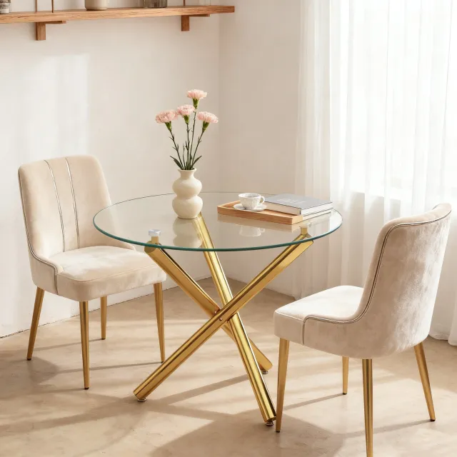 CHICFURN Eettafel - 2 tot 4 personen - gehard glazen blad - kruisvoet - goud