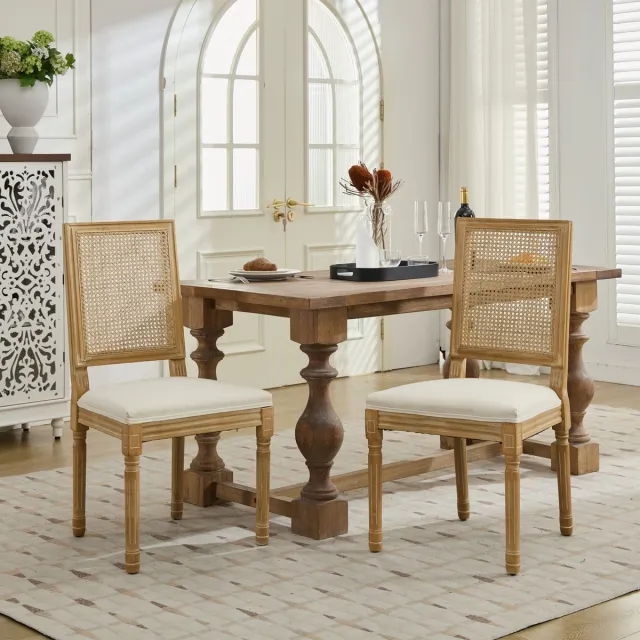 Sweiko Eetkamerstoel – Set van 2 – Frame van verouderd hout – Rieten rugleuning – Linnen zitkussens – Beige
