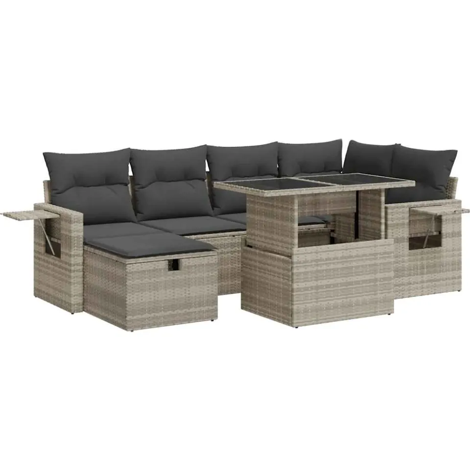 vidaXL 7-delige Loungeset met kussens poly rattan lichtgrijs grijs, foto 3