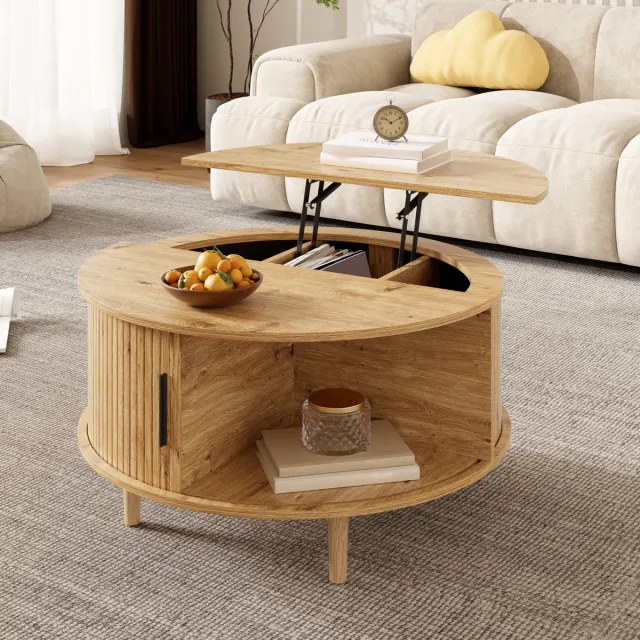 HAUSS SPOLE Salontafel - Ronde Tafel Met Verstelbaar Blad En Schuifdeur - Opbergruimte Voor Woonkamer - MDF - 80x80x59 Cm - Eiken