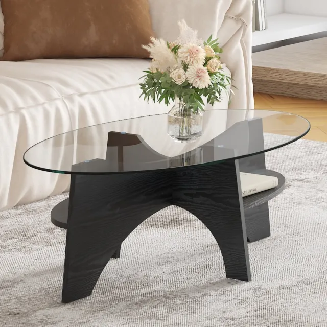 MEUNIQ Ovale bijzettafel 104,9 x 60 x 35,6 cm met transparant veiligheidsglas en zwart onderstel voor woonkamer, kantoor of slaapkamer
