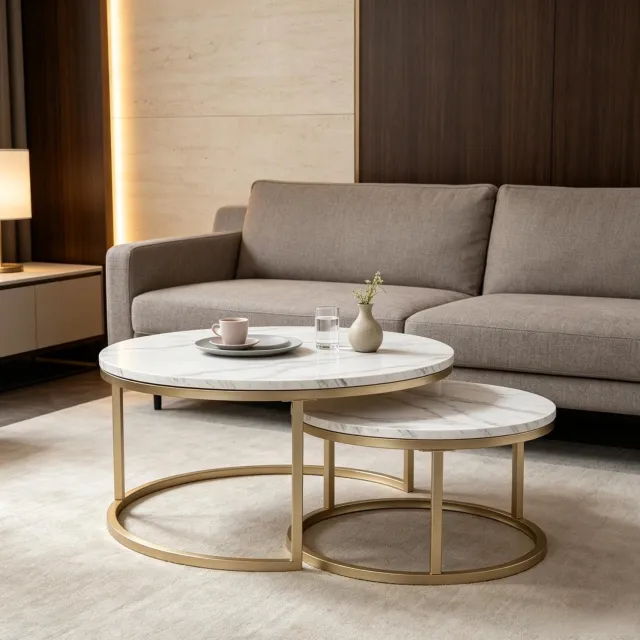 MODENUIT Salontafelset - Ronde Inschuifbare Tafels - Voor de Woonkamer - MDF en Metaal - Wit - 80x80x45 Cm