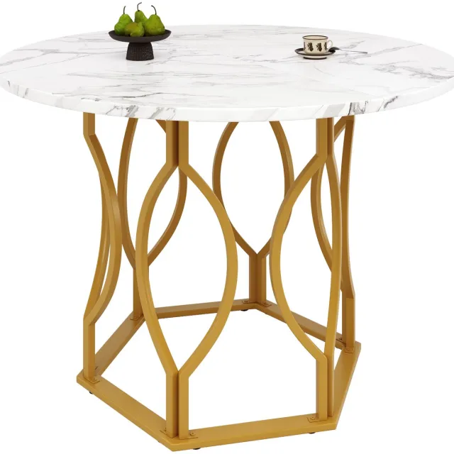 Merax Ronde Eettafel Ø100 cm Marmer Look – Luxe Eettafel met Gouden Metalen Poten – Keukentafel voor 4 Personen Wit
