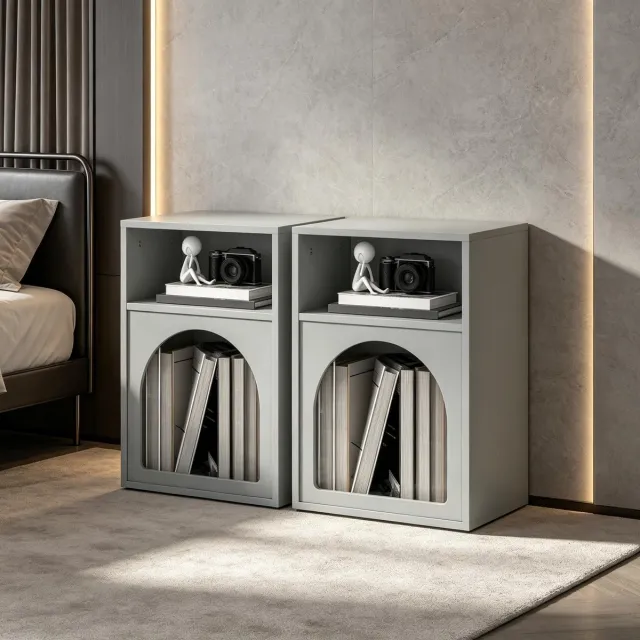Ropilly Nachtkastje met open vakken - Set van 2 - Gebogen design - MDF - Slaapkamer - Grijs