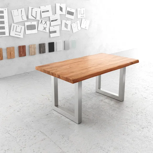 DELIFE Eettafel Edge acacia natuur 160x90 XL edelstaal breed Live-Edge Bruin