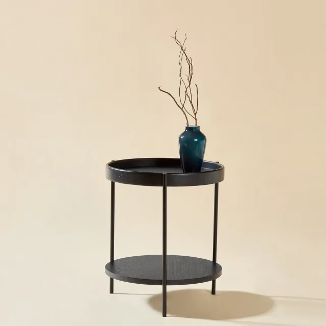CHICFURN Bijzettafel 44 cm - 2-laags traydesign - Rond - Woonkamer - Hout, MDF en metaal - Zwart