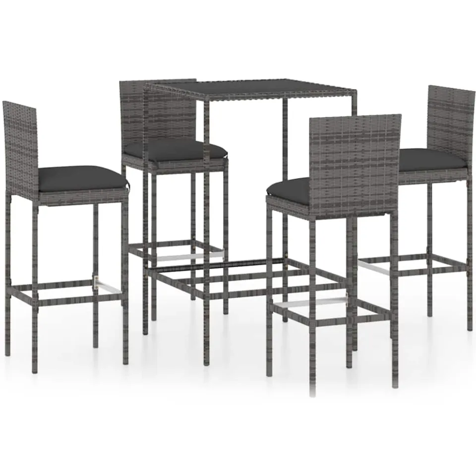 vidaXL 5-delige Tuinbarset met kussens poly rattan grijs