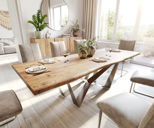 DELIFE Eetkamertafel Edge acacia natuur 240x100 Spider staal roestvrij staal Live-Edge Bruin