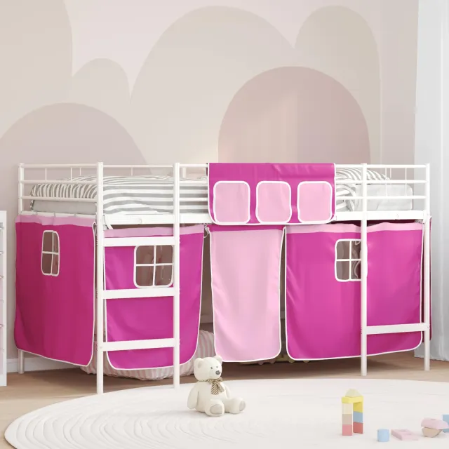 vidaXL Bunkbed voor kinderen met gordijnen Wit en Roze 90 x 200 cm