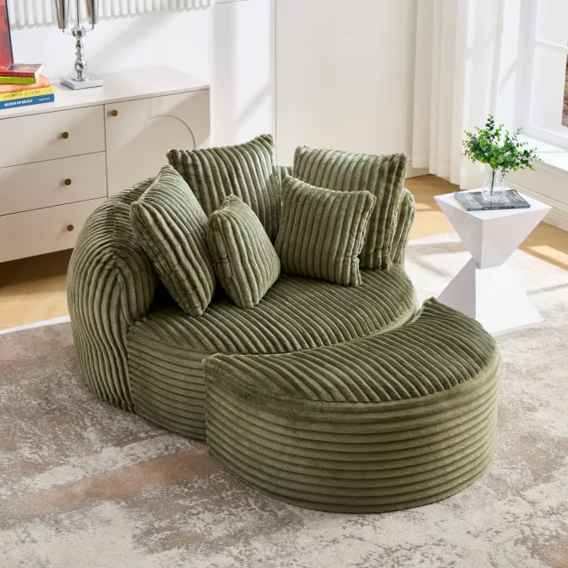DESMIU Fauteuil 168 x 123 x 63 cm - Ronde Loungestoel Met Hocker En Vijf Kussens - Woonkamer En Slaapkamer - Chenille Smaragdgroen