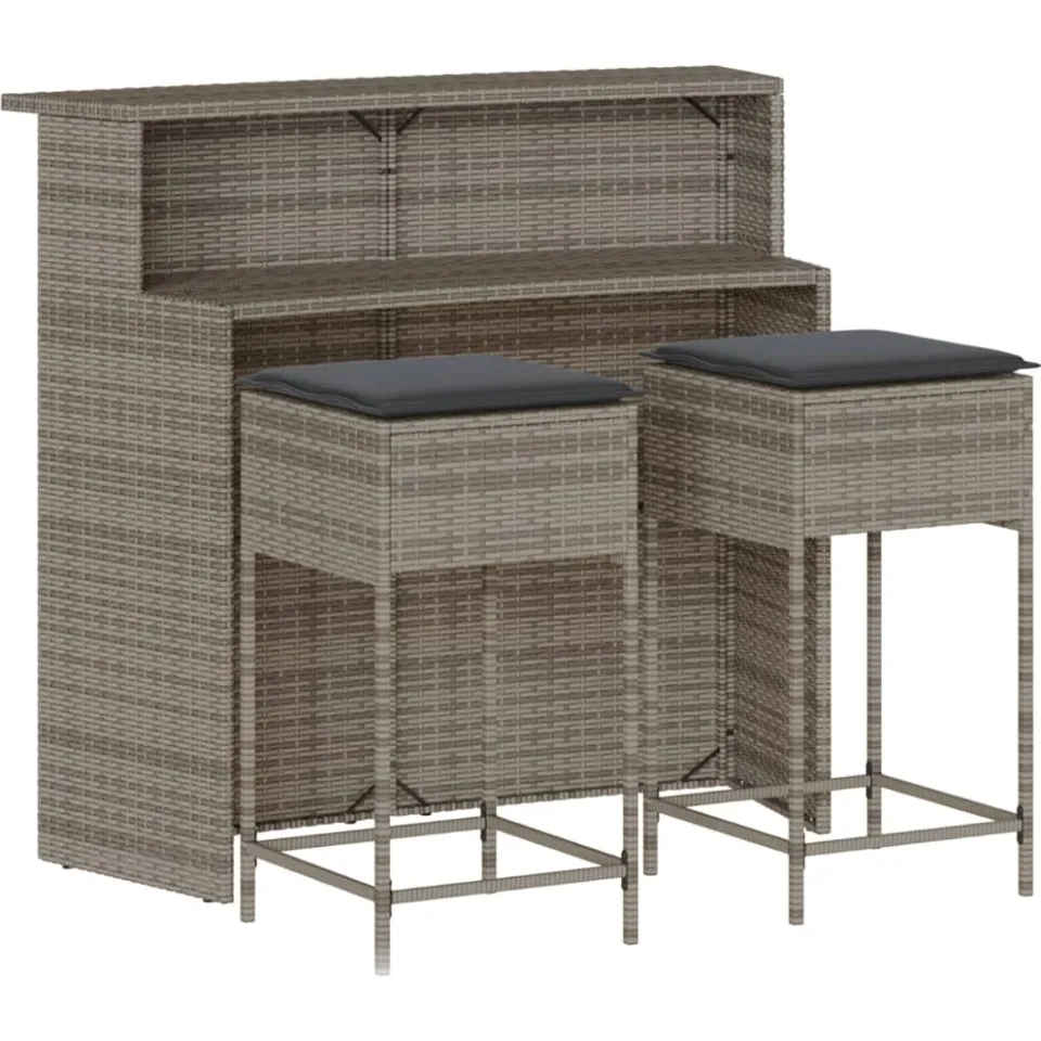 vidaXL 3-delige Tuinbarset met kussens poly rattan grijs, foto 3