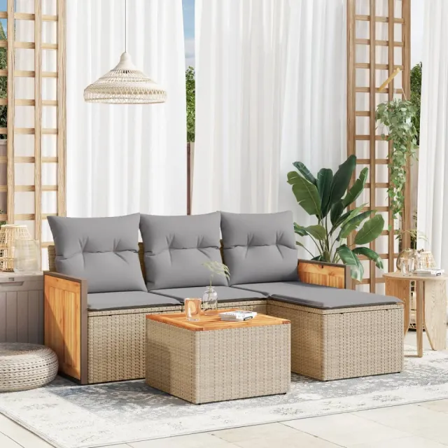 vidaXL 5-delige Loungeset met kussens poly rattan beige, foto 2