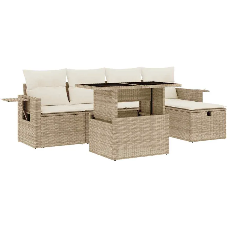 vidaXL 6-delige Loungeset met kussens poly rattan beige, foto 3