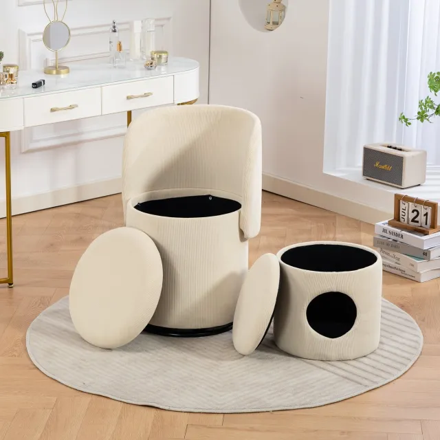 FloraGrace Fauteuil 360° Draaibaar 75 Cm - Met Opbergruimte En Extra Hocker - Voor Slaapkamer En Eetkamer - Corduroy - Beige