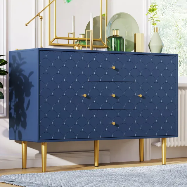 MEUNIQ Dressoir met 2 deuren en 3 lades, verstelbare plank en visgraatmotief, 120 x 40 x 83 cm, marineblauw sideboard voor woonkamer of slaapkamer