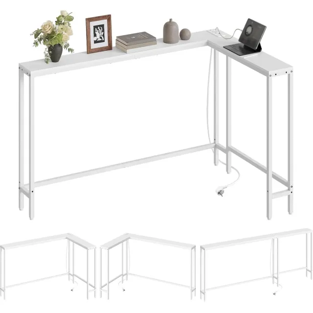 Homesy Consoletafel smal, 180 cm L-vormige ingangstafel, 15 cm brede gangtafel, 3 combinatiemodi, 1 stopcontact en 2 USB-poorten, voor woonkamer, hal, achter de bank, Wit