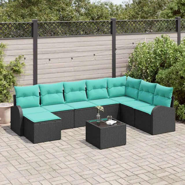 vidaXL Bankstel 9 st Zwart en Turquoise poly rattan, foto 2