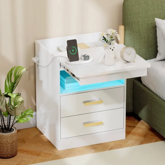 REDOM Nachtkastje - Ingebouwd laadstation met 2 stopcontacten en 2 USB aansluitingen - RGB ledverlichting met 7 kleuren - 2 lades en open vak - MDF - Wit - 45 x 40 x 59 cm Hoogglans wit
