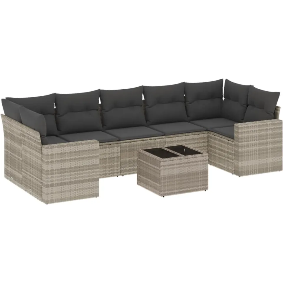 vidaXL 8-delige Loungeset met kussens poly rattan lichtgrijs