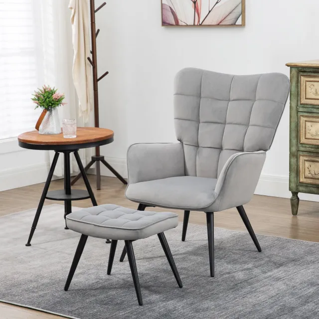CHICFURN Fauteuil met hocker - Hoge rugleuning - Stalen poten - Lichtgrijs