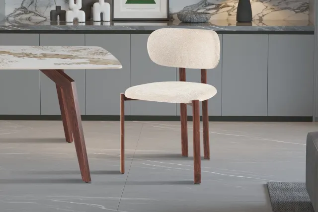 Rousseau Eetkamerstoel Jade Walnoot – Beige Stof – Metalen Onderstel – Per Stuk