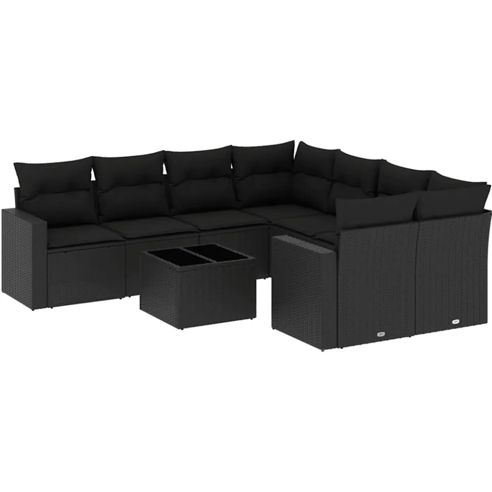 vidaXL 9-delige Loungeset met kussens poly rattan zwart
