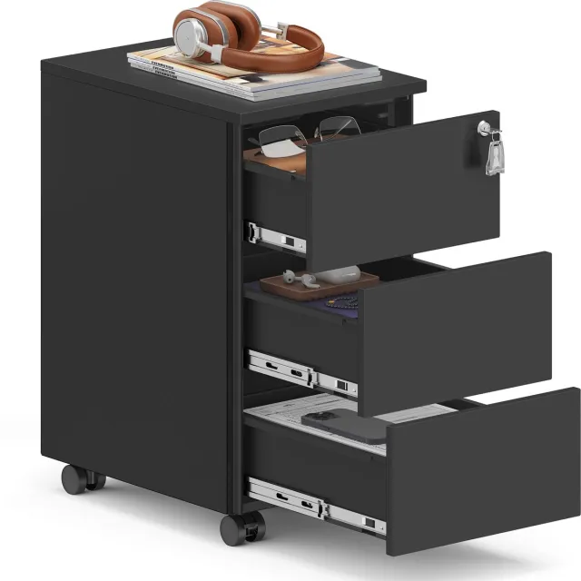 Songmics Archiefkast - Rollcontainer van Metaal - 3 Lades met Slot - Vooraf Gemonteerd Matzwart
