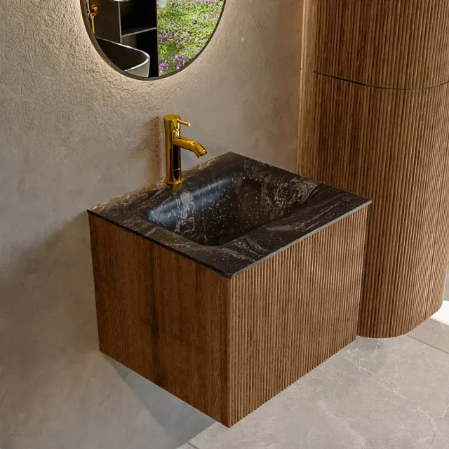 Mondiaz KURVE-DLUX 50 cm Onderkast Greeploos 1 Lade Zonder Deuren Walnut, Wastafel Solid Surface Midden Lava 1 Kraangat Zonder Spiegel (KRVGRU501L0D1KM-Wal/Lav)