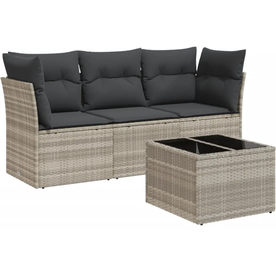 vidaXL 4-delige Loungeset met kussens poly rattan lichtgrijs grijs, foto 3