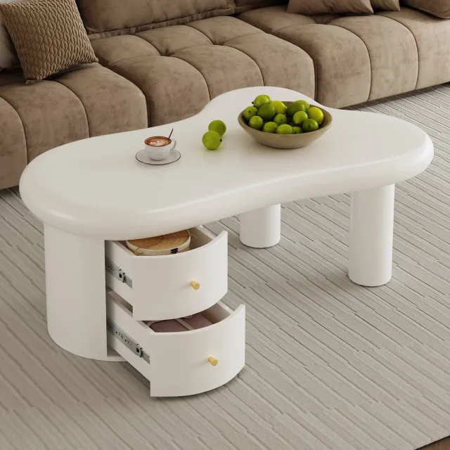 MEUNIQ Witte salontafel 97 x 64 x 42 cm met 2 lades, asymmetrische organische vorm en 80 kg draagvermogen voor de woonkamer