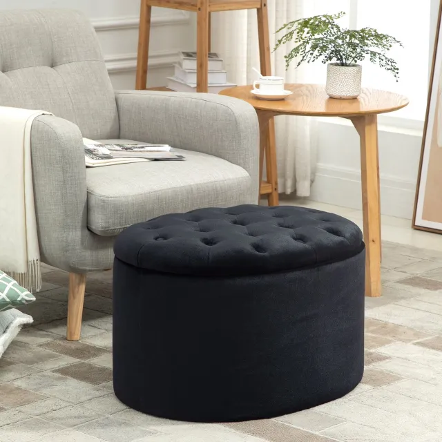 HAUSS SPOLE Opbergpoef - Ovaal Met Afneembaar Deksel En Knopen - Zitplaats Voor Woonkamer, Slaapkamer En Hal - Polyester En Hout - 71x52x42 Cm - Zwart
