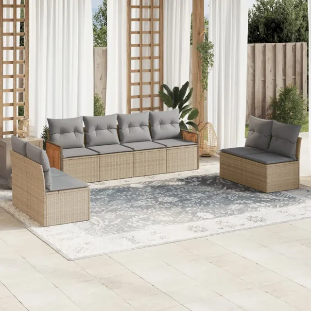 vidaXL 8-delige Loungeset met kussens poly rattan beige, foto 2